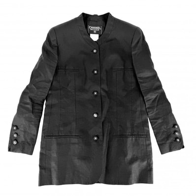 CHANEL シャネル ノーカラージャケット ココボタン 服 アパレル 40 ブラック 黒 リネン シルク レディース 春 秋【中古品】