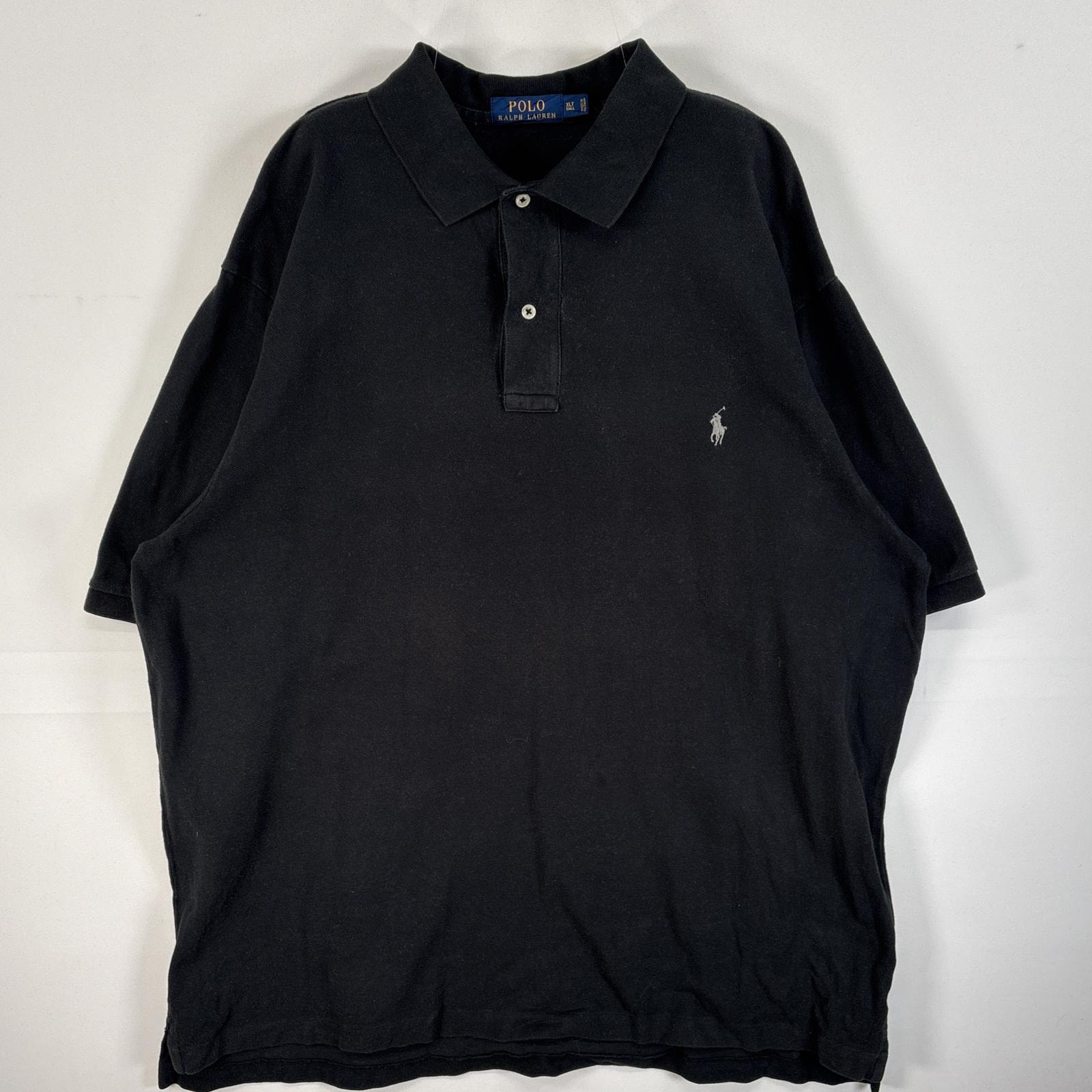 古着 ポロ・ラルフローレン POLO RALPH LAUREN 鹿の子 半袖 ポロシャツ ロゴ 刺繍 大きいサイズ 2ボタン XLT  ブラック 無地 メンズ