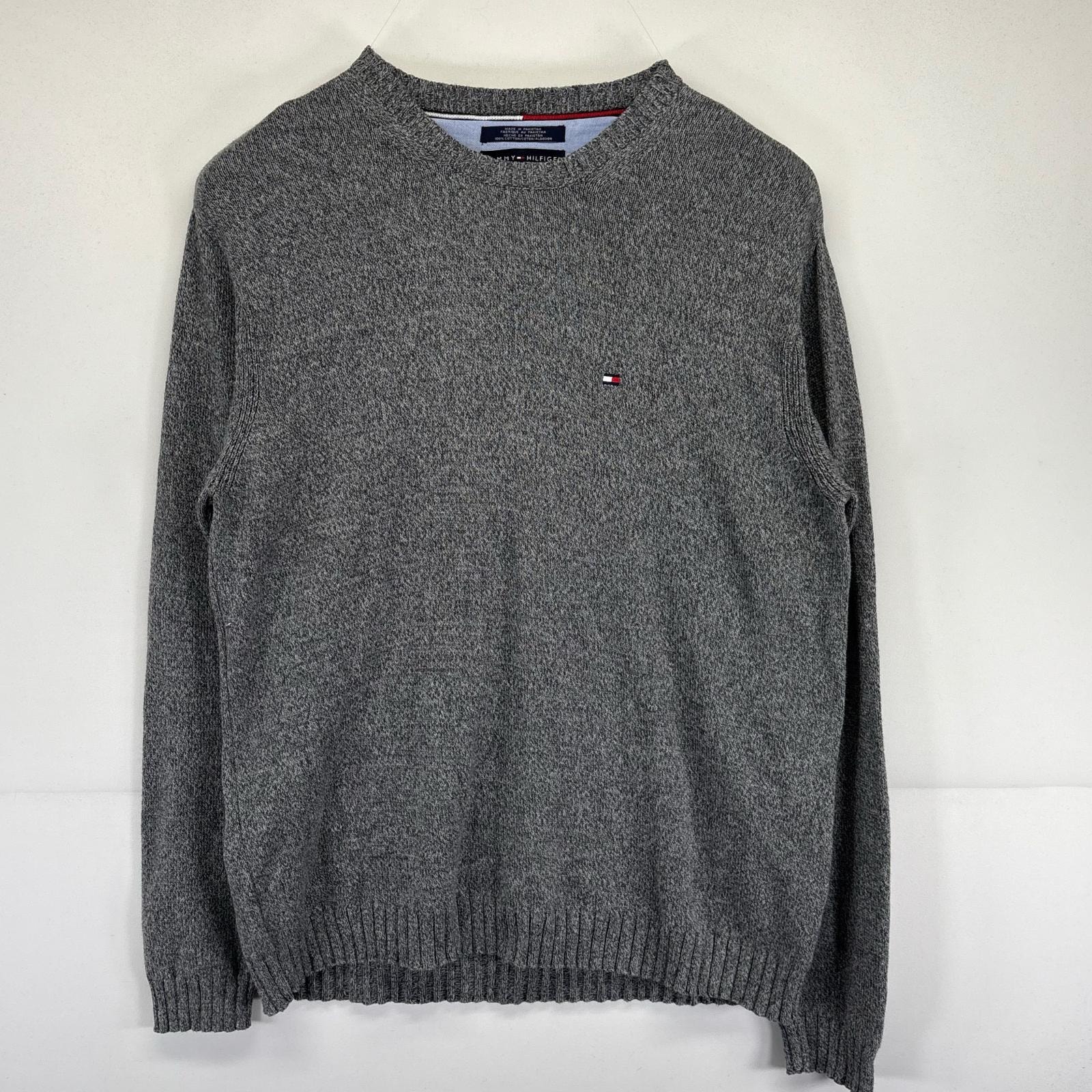 古着 トミーヒルフィガー TOMMY HILFIGER ニット 大きいサイズ クルーネック ワンポイントロゴ刺繍  XL  グレー系 メンズ