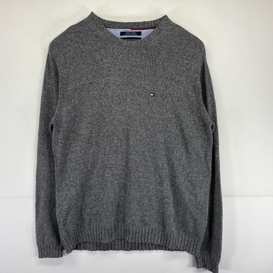 古着 トミーヒルフィガー TOMMY HILFIGER ニット 大きいサイズ クルーネック ワンポイントロゴ刺繍 XL グレー系 メンズ