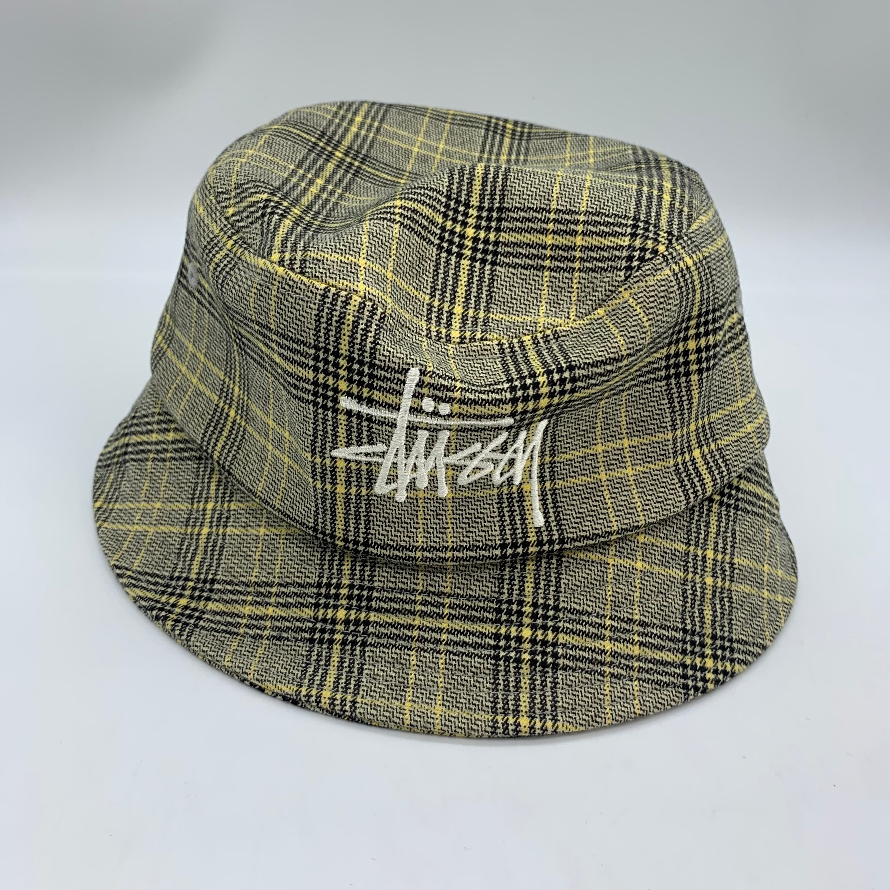 STUSSY Big Logo Plaid Bucket Hat Yellow