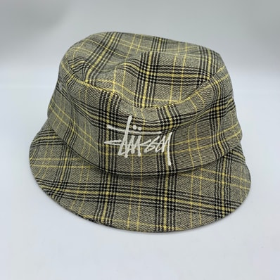 STUSSY Big Logo Plaid Bucket Hat Yellow