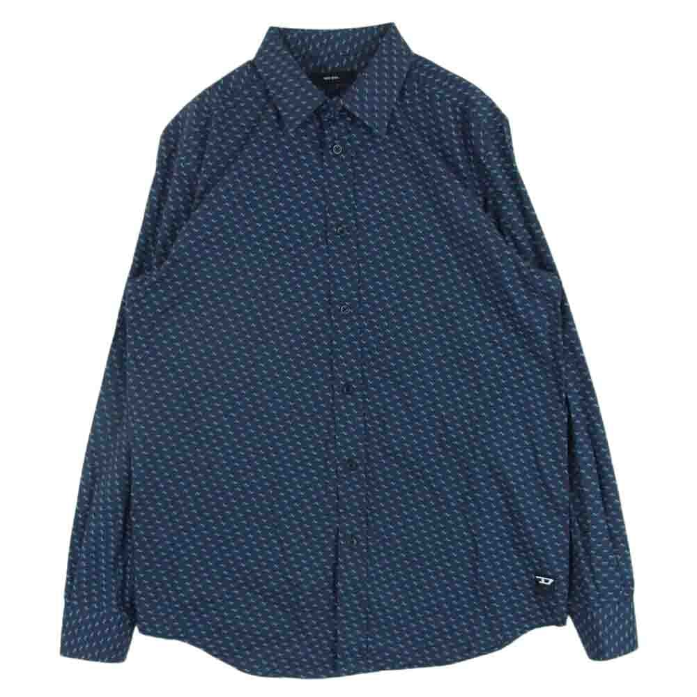 DIESEL ディーゼル 長袖シャツ A01723 ロゴ刺繍 総柄 プリント 長袖 シャツ ネイビー系 M【中古】