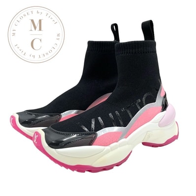 ルイヴィトン LOUIS VUITTON ラン55ライン スニーカー 靴 シューズ ファブリック ラバー ブラック ピンク ソックススニーカー ロゴ ニット