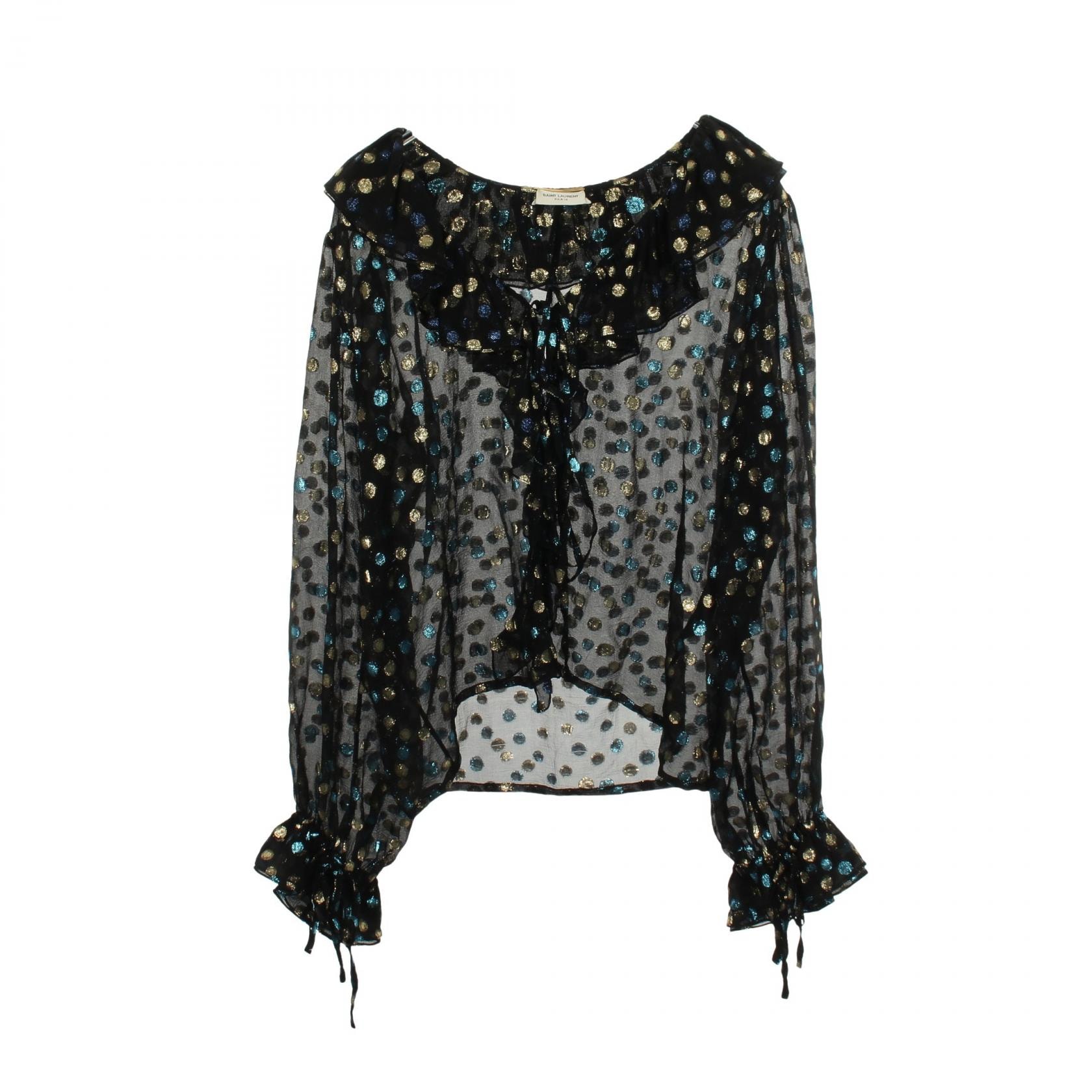 サンローランパリ SAINT LAURENT PARIS ドット柄 フリルシャツ ブラウス 衣料品 トップス シルク ポリエステル レディース ブラック系 / ブルー系 / ゴールド系 514756 【中古】