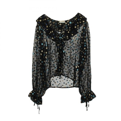 サンローランパリ SAINT LAURENT PARIS ドット柄 フリルシャツ ブラウス 衣料品 トップス シルク ポリエステル レディース ブラック系 / ブルー系 / ゴールド系 514756 【中古】