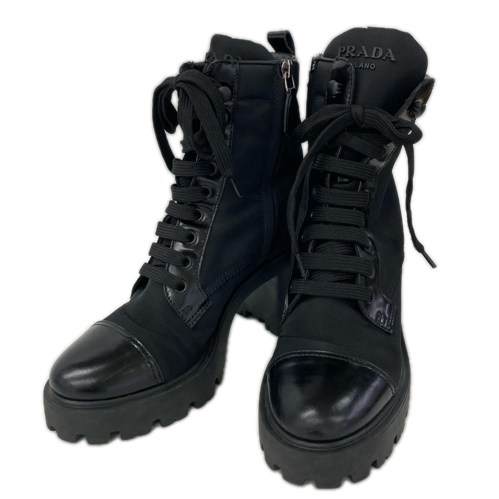 プラダ Re-Nylon トライアングルロゴプレート レースアップ ヒールブーツ 36 1/2
