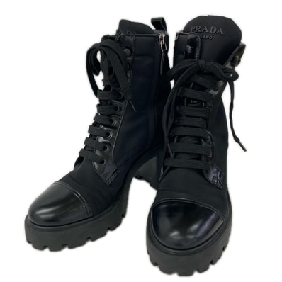 プラダ Re-Nylon トライアングルロゴプレート レースアップ ヒールブーツ 36 1/2