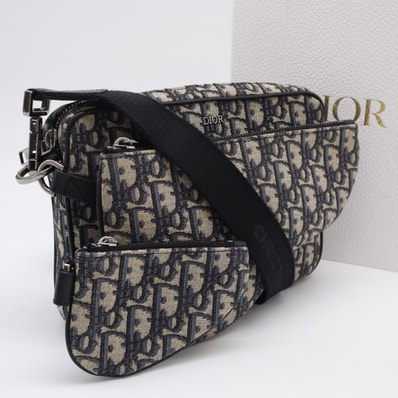 美品 Dior ディオール ディオール オブリーク ジャカード Saddle 3-in-1 バッグ 1ADPO276YKY ショルダーバッグ ネイビー ベージュ カーフレザー コットン レディース