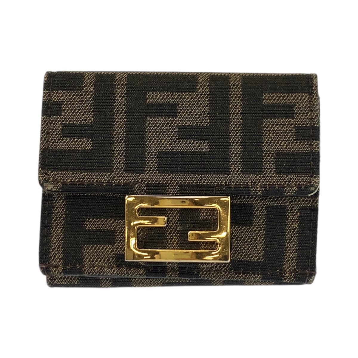美品 FENDI フェンディ ズッカ バゲット マイクロ ブラウン ゴールド金具 キャンバス レザー/ 折り財布 コンパクトウォレット 601542 【中古】