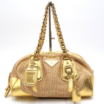 PRADA(プラダ)ストロー ミニボストンバッグ ハンドバッグ ベージュ×ゴールド 編み込み チェーンハンドル レザー レディース【中古】