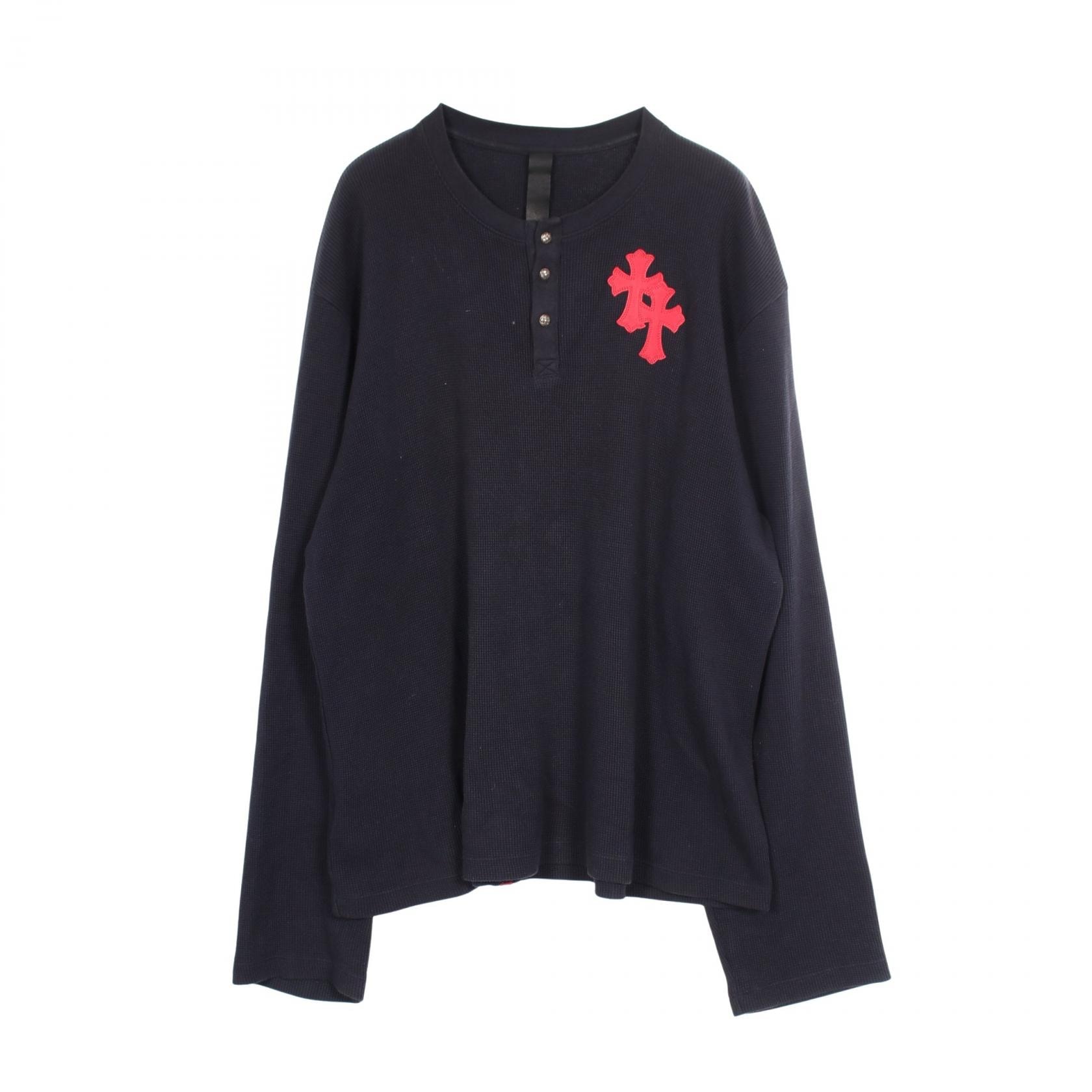 クロムハーツ CHROME HEARTS Y NOT クロスパッチ ヘンリーネック サーマル 長袖Tシャツ 衣料品 トップス コットン メンズ ネイビー系 【中古】