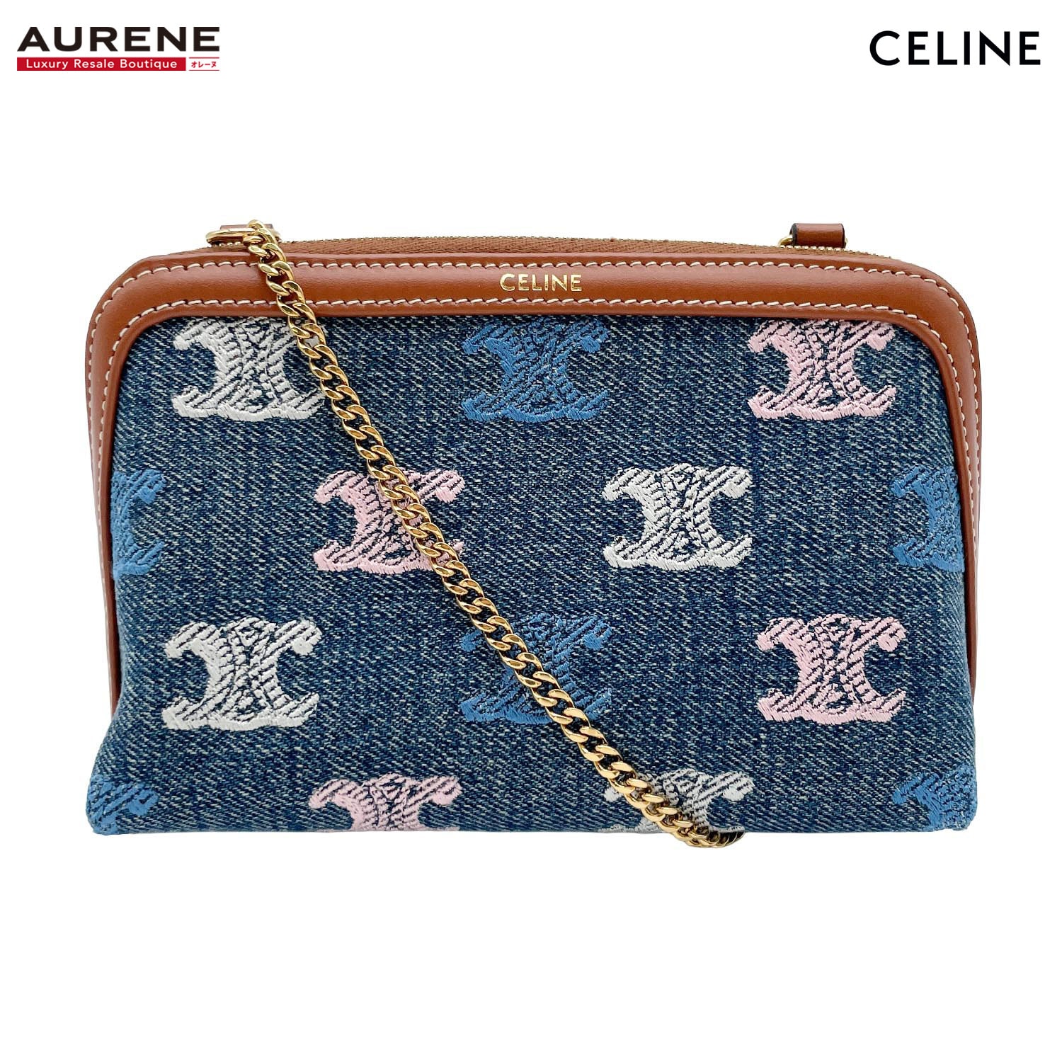 CELINE セリーヌ チェーン付き ショルダーバッグ
 トリオンフ 刺繍 エンブロイダリー デニム レザー ブルー レディース
 【中古】