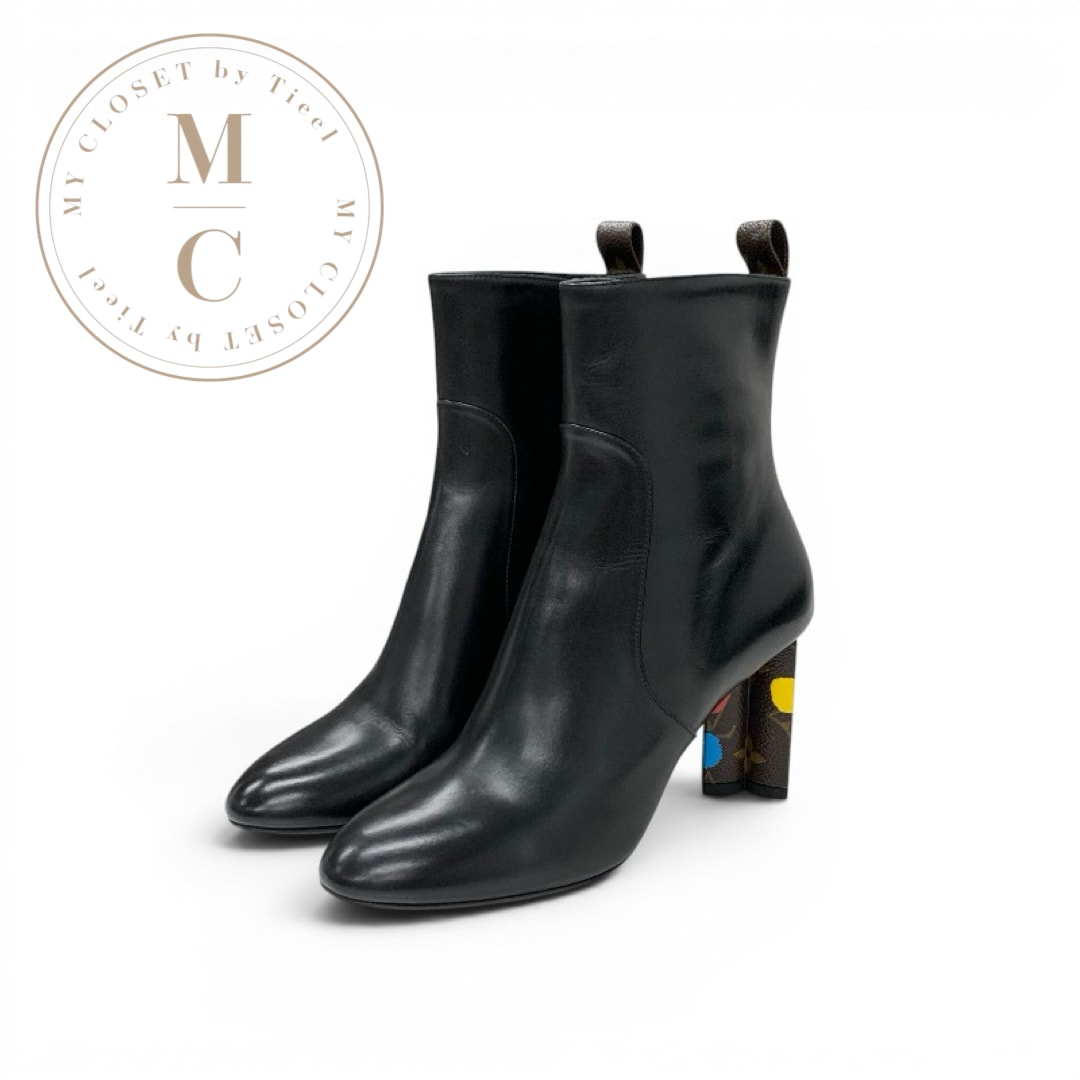 ルイヴィトン LOUIS VUITTON シルエットライン ブーツ ショートブーツ 靴 シューズ レザー ブラック マルチカラー モノグラム 草間彌生 コラボ ドット