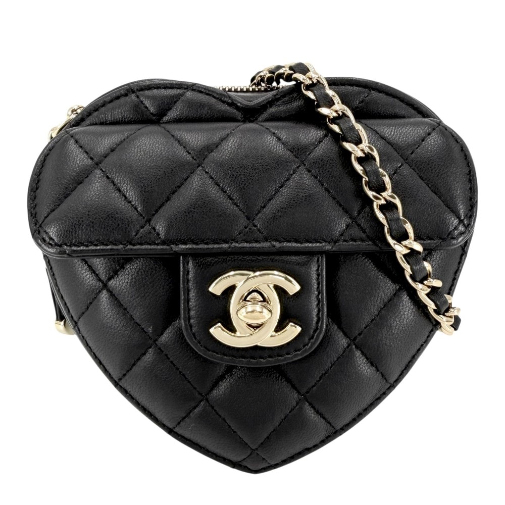 CHANEL シャネル ショルダーバッグ 斜め掛け ミニチェーンショルダーバッグ  マトラッセ  ポシェット コインケース ハートモチーフ ラムスキン    ブラック 黒 ゴールド金具 レディース 美品【中古品】
