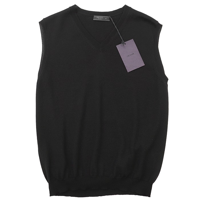 SALE【新品同様】PRADA プラダ ベスト ニット サイズ 46 メンズ ハイゲージ Vネック バージンウール100% ノースリーブ トップス ブラック 黒 ルーマニア製