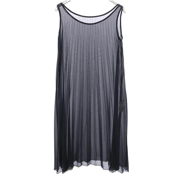 LANVIN en Bleu ランバンオンブルー 日本製 ノースリーブ シースルー プリーツ ワンピース 38 ブラック系