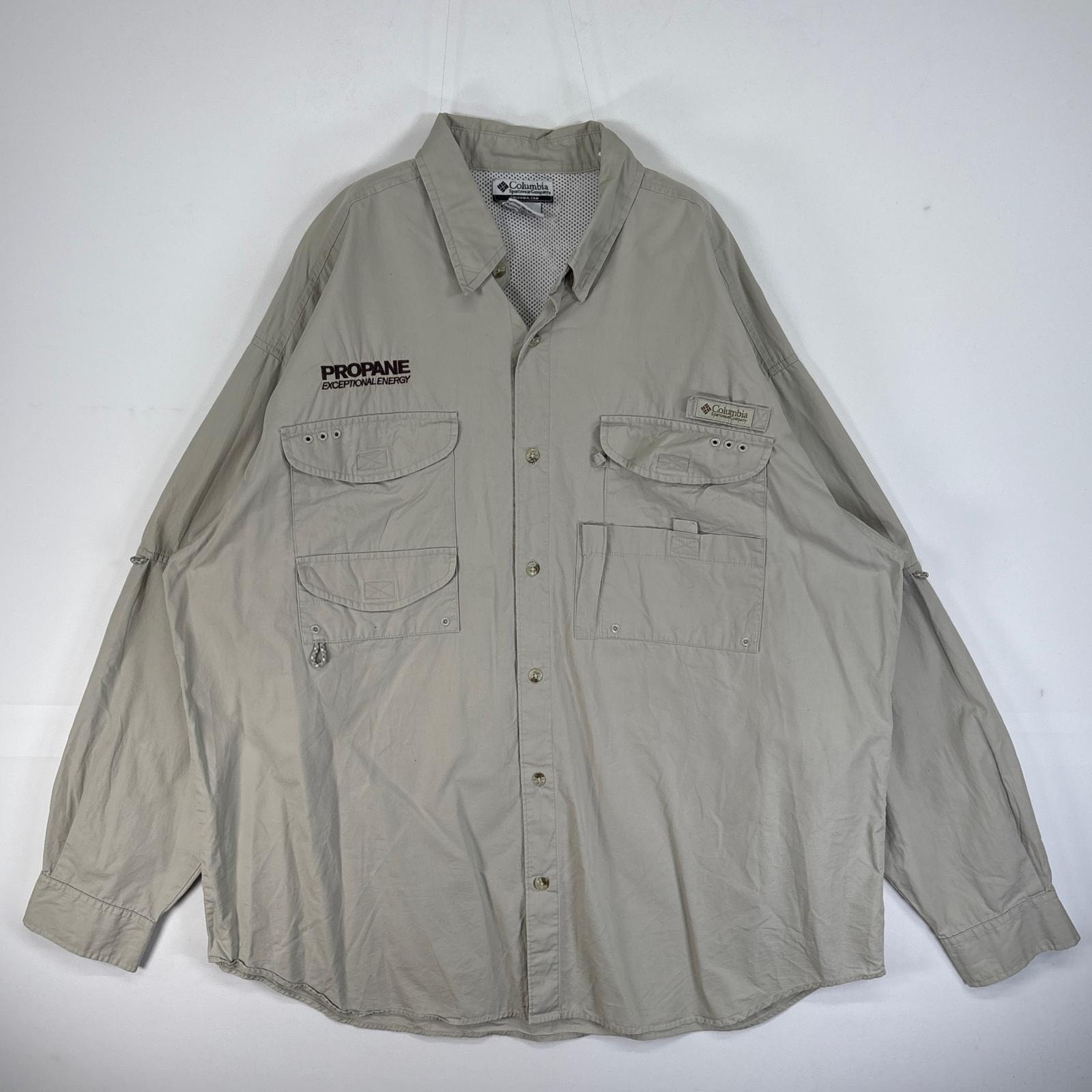 古着 コロンビア Columbia 長袖シャツ 大きいサイズ PFG フィッシングギア ワンポイント ロゴ XL  ベージュ系 無地 メンズ