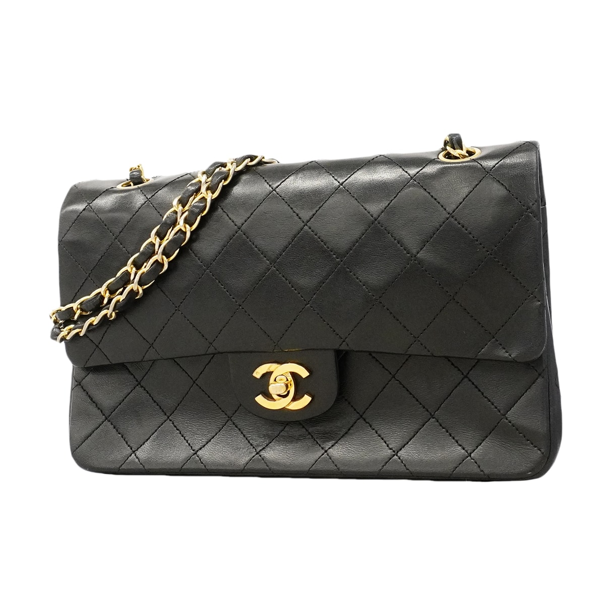 ★SALE【6gd3798-h】シャネル ショルダーバッグ マトラッセ Wフラップ Wチェーン ラムスキン ブラック ゴールド金具【中古】レディース