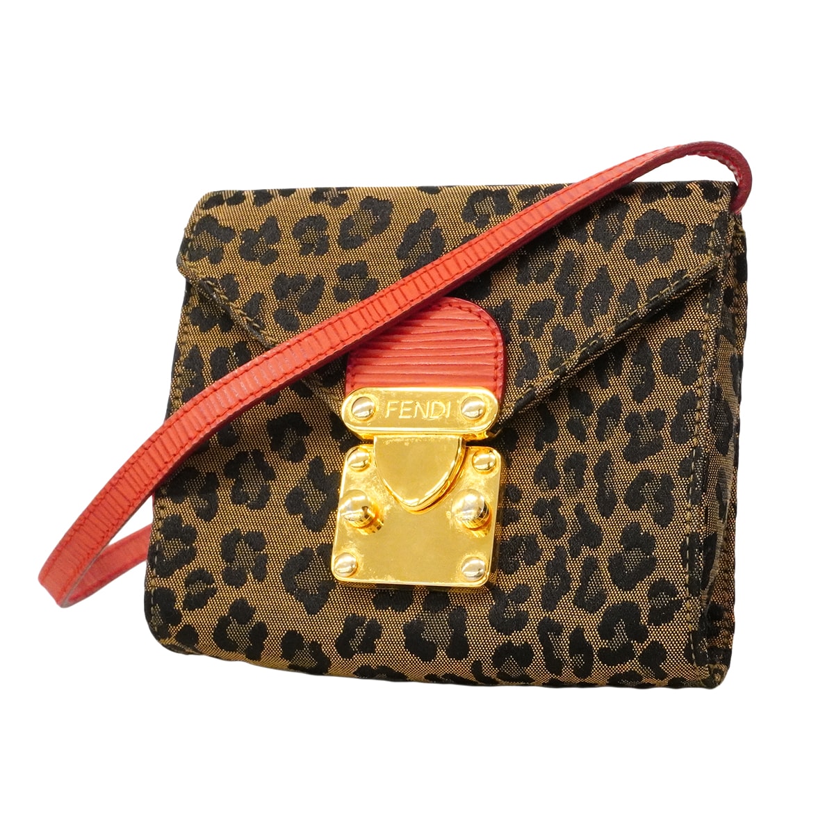★SALE【6gc3351】フェンディ ショルダーバッグ レオパード ナイロンキャンバス ブラウン レッド ゴールド金具【中古】レディース