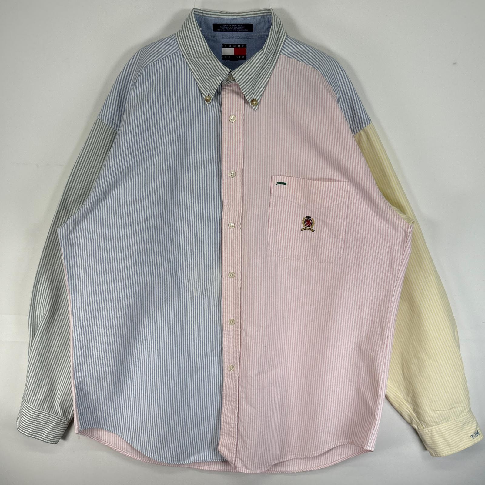 古着 90's/90年代 トミーヒルフィガー TOMMY HILFIGER 長袖シャツ 旧ロゴ 刺繍 胸ポケ ボタンダウン L マルチカラー ストライプ メンズ