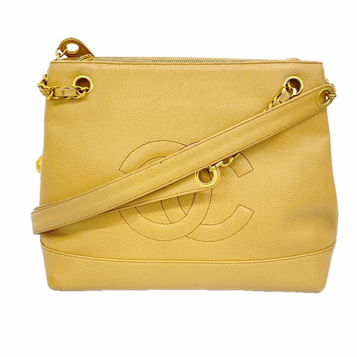 【6da0208-k】シャネル チェーントート キャビアスキン ベージュ ゴールド金具【中古】レディース