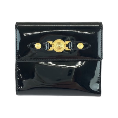 美品 VERSACE ヴェルサーチ サンバースト ブラック 黒 ゴールド金具 エナメル 折財布 コンパクトウォレット 600056 【中古】