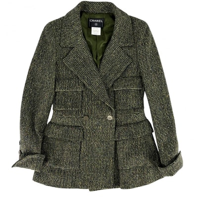 CHANEL シャネル アウター ツイード ジャケット アパレル 服 38 グリーン 緑 ゴールド金具 ウール シルク レディース 秋 冬【中古品】
