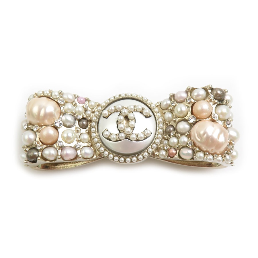 シャネル CHANEL ブローチ ココマーク リボン メタル/フェイクパール ゴールド/ホワイト/ピンク レディース【中古】 e62130a
