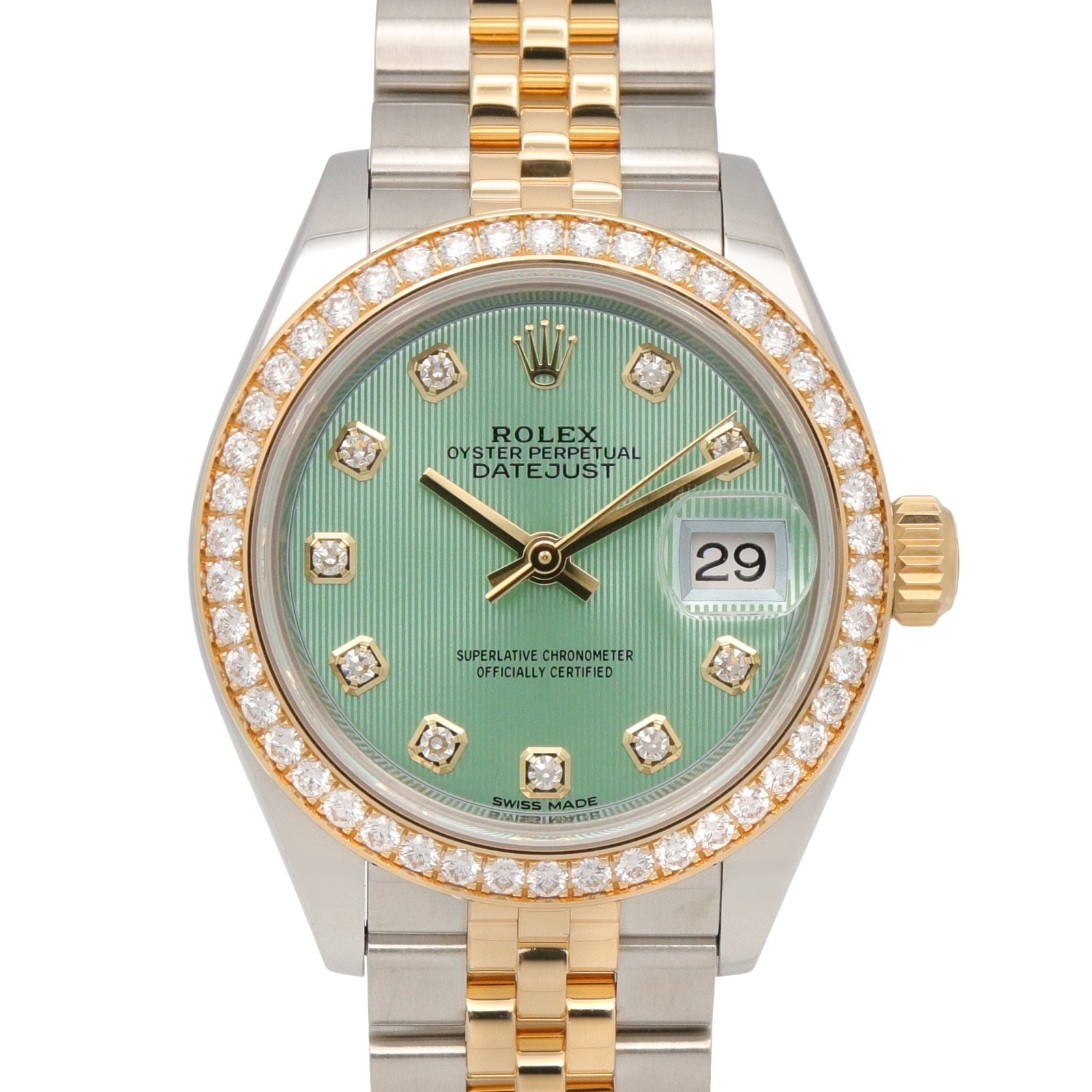 ロレックス ROLEX デイトジャスト 28 ダイヤベゼル ランダム番 腕時計 時計 K18(イエローゴールド) ステンレススチール ダイヤモンド レディース グリーン系 ミントグリーン/タペストリー/新ダイヤ 279383RBR