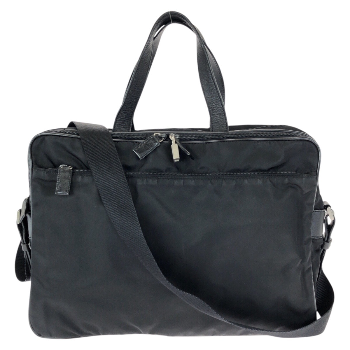 PRADA プラダ テスート サフィアーノ 三角ロゴプレート 2way ブラック 黒 シルバー金具 ナイロン レザー/ ビジネスバッグ ブリーフケース 602444 【中古】