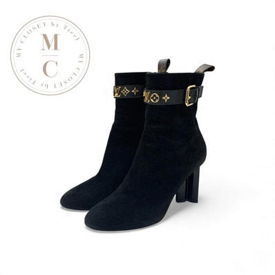 ルイヴィトン LOUIS VUITTON シルエットライン モノグラム ブーツ ショートブーツ 靴 シューズ スエード ブラック 黒 ゴールド アンクルブーツ LVロゴ ベルト