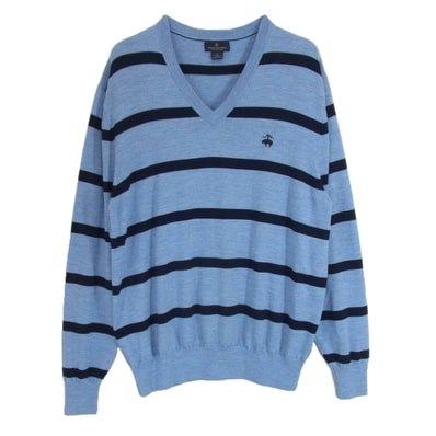 Brooks Brothers ブルックスブラザーズ ニット 346 メリノウール100% Vネック エンブロイダリー ワンポイント刺繍 ボーダー ニット セーター プルオーバー ブルー系 L【中古】