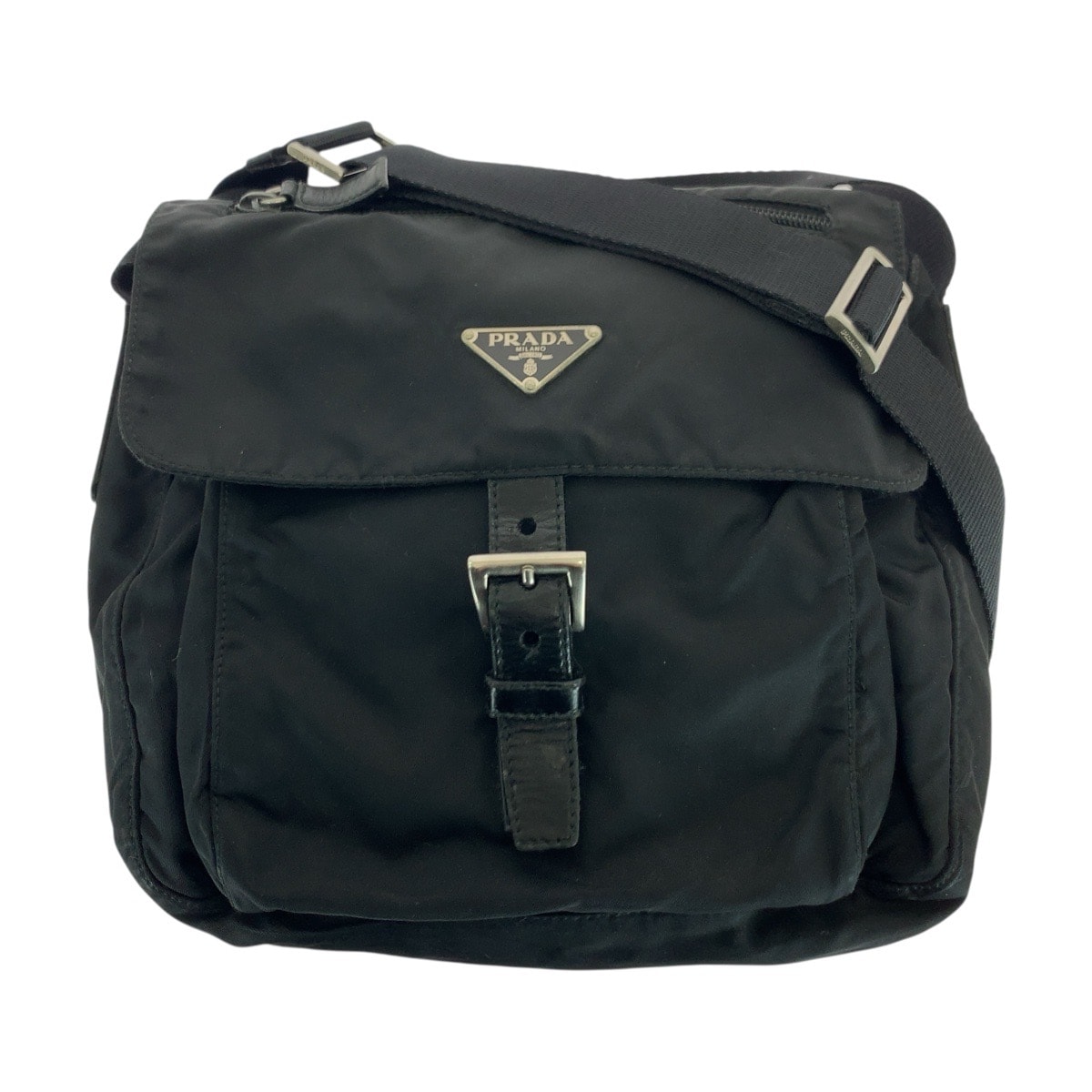 美品 PRADA プラダ テスート 三角ロゴプレート ブラック 黒 シルバー金具 ナイロン レザー/ ショルダーバッグ メッセンジャーバッグ 505933 【中古】