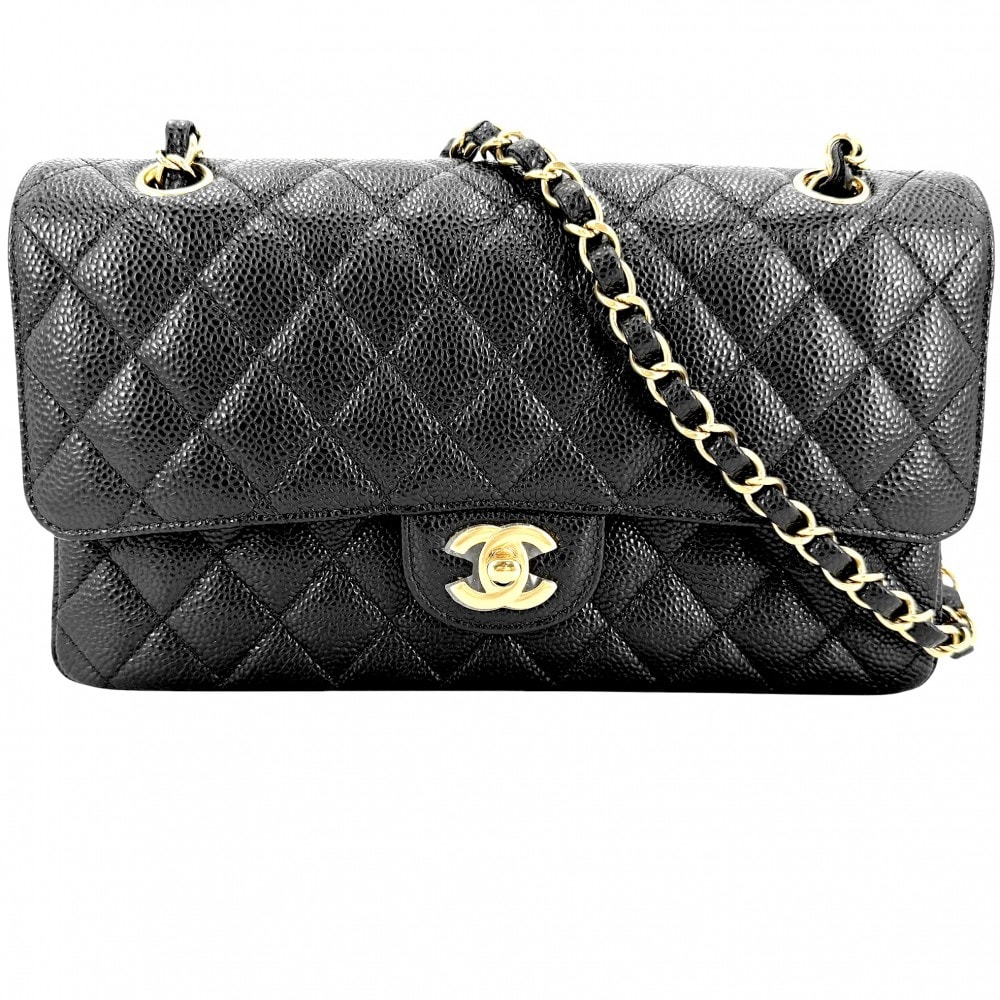 CHANEL シャネル ショルダーバッグ マトラッセ25 ダブルチェーン ココマーク ダブルフラップ 肩掛け 斜め掛け  キャビアスキン   ブラック 黒 ゴールド金具 レディース 美品【中古品】