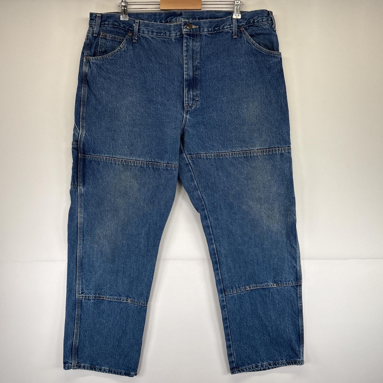 古着 ディッキーズ Dickies デニムパンツ ワークパンツ ペインターパンツ ダブルニー 大きいサイズ ワンポイントロゴ w42 L32  ブルー メンズ