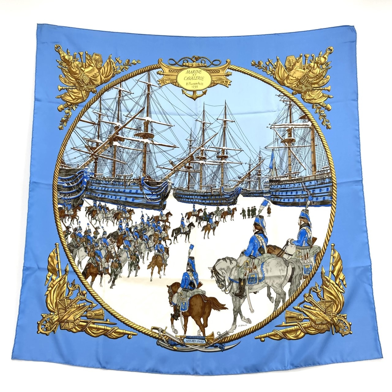 HERMES(エルメス) MARINE ET CAVALERIE 海と騎兵隊 カレ90 シルク スカーフ ブルー×ゴールド