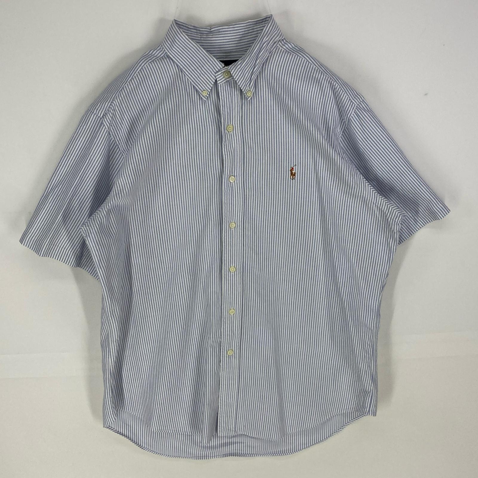古着 ラルフローレン RALPH LAUREN 半袖シャツ 刺繍ロゴ カラーポニー ショートスリーブ ボタンダウン L  ブルー系 ストライプ メンズ