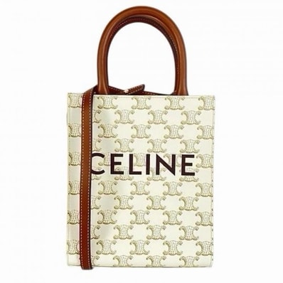 CELINE Mini Vertical Cabas In Triomphe Canvas and Calfskin With Celine Print "White"