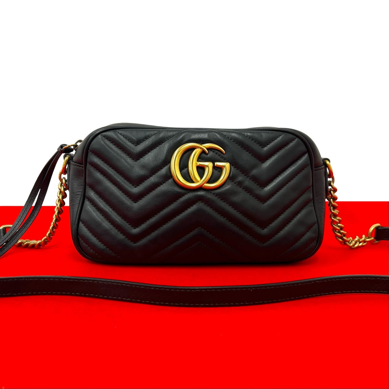 GUCCI グッチ GGマーモント ロゴ 金具 キルティング レザー ショルダーバッグ ブラック
 246-2