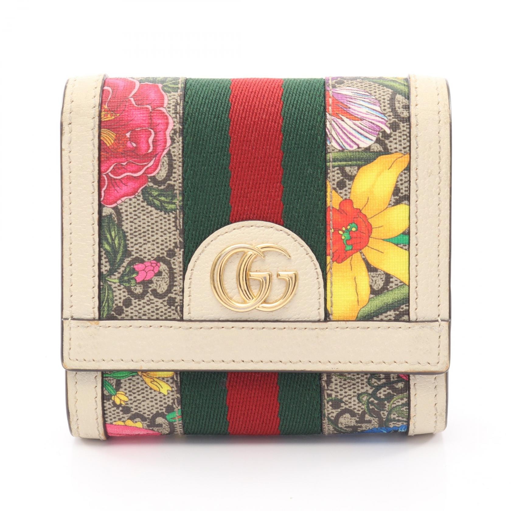 グッチ GUCCI オフィディア GGフローラル シェリーライン 二つ折り財布 財布 レザー PVC レディース ベージュ系 / マルチカラー 598662 【中古】
