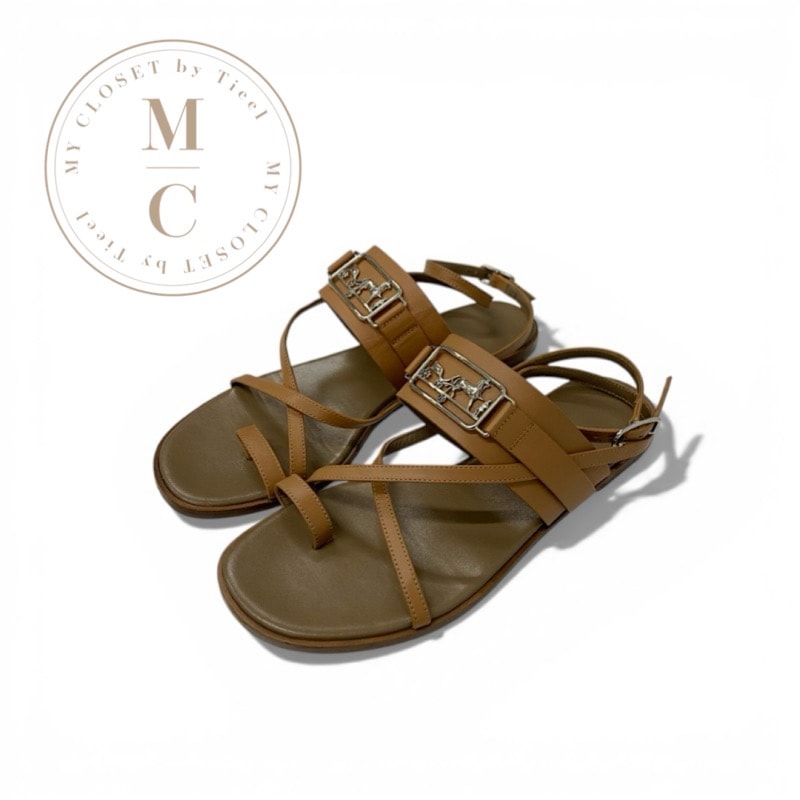 エルメス HERMES アルバ サンダル 靴 シューズ レザー ブラウン シルバー 馬車金具 ストラップ フラット