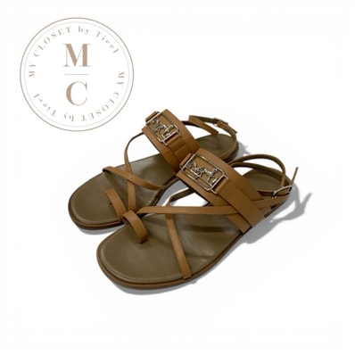 エルメス HERMES アルバ サンダル 靴 シューズ レザー ブラウン シルバー 馬車金具 ストラップ フラット