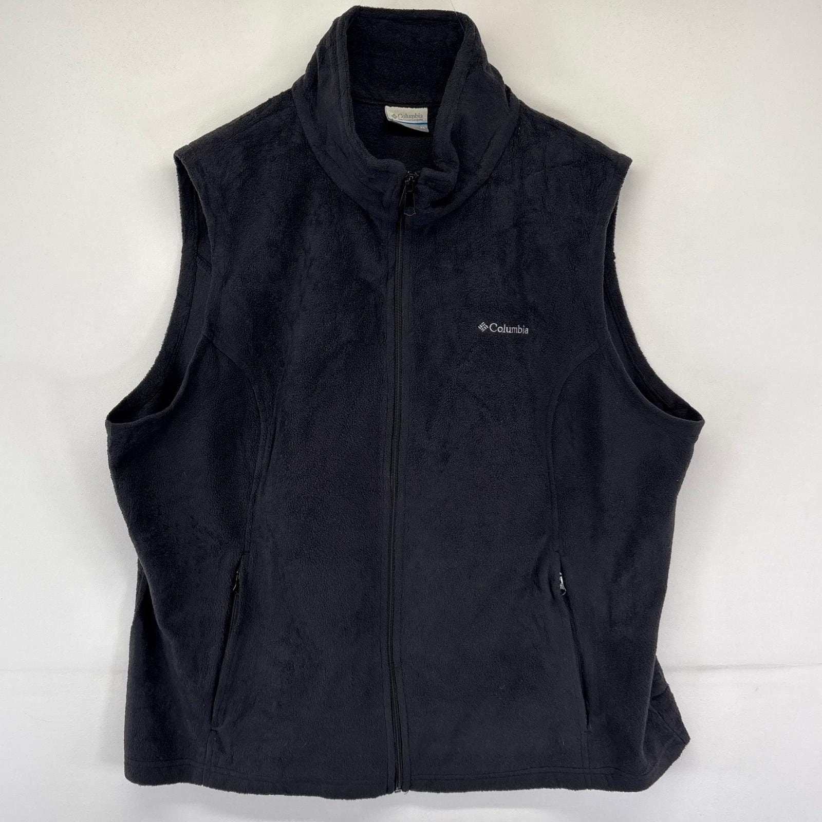 古着 コロンビア Columbia フリース ベスト フルジップ ワンポイント刺繍ロゴ アウトドア 2XL  ブラック系 メンズ