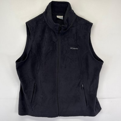 古着 コロンビア Columbia フリース ベスト フルジップ ワンポイント刺繍ロゴ アウトドア 2XL ブラック系 メンズ