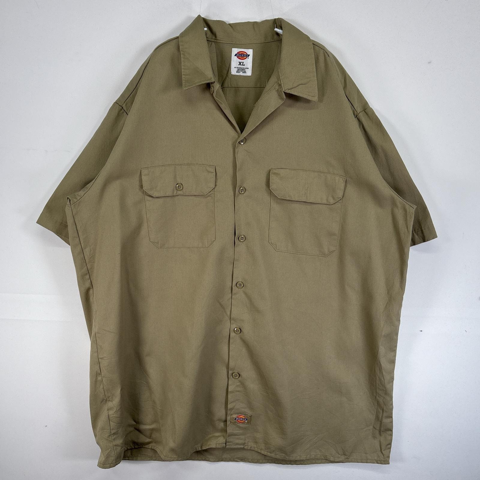 古着 ディッキーズ Dickies 半袖シャツ ワーク 作業着 フラップポケ 大きいサイズ ワンポイント ロゴ XL ベージュ 無地 メンズ