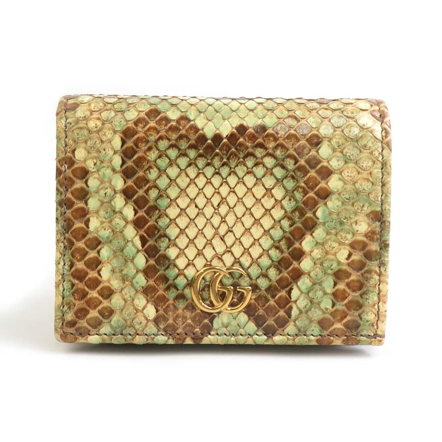 グッチ GUCCI 二つ折り財布 GGマーモント パイソン ベージュ/ブラウン/グリーン ユニセックス 450126【中古】 56858i