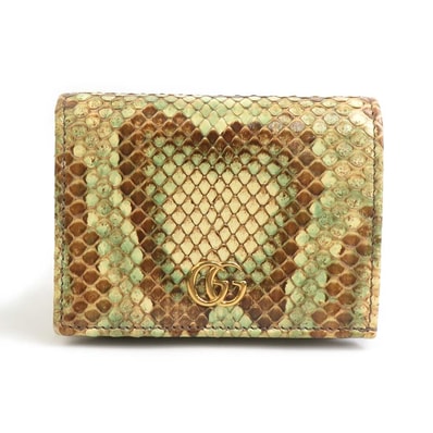 グッチ GUCCI 二つ折り財布 GGマーモント パイソン ベージュ/ブラウン/グリーン ユニセックス 450126【中古】 56858i