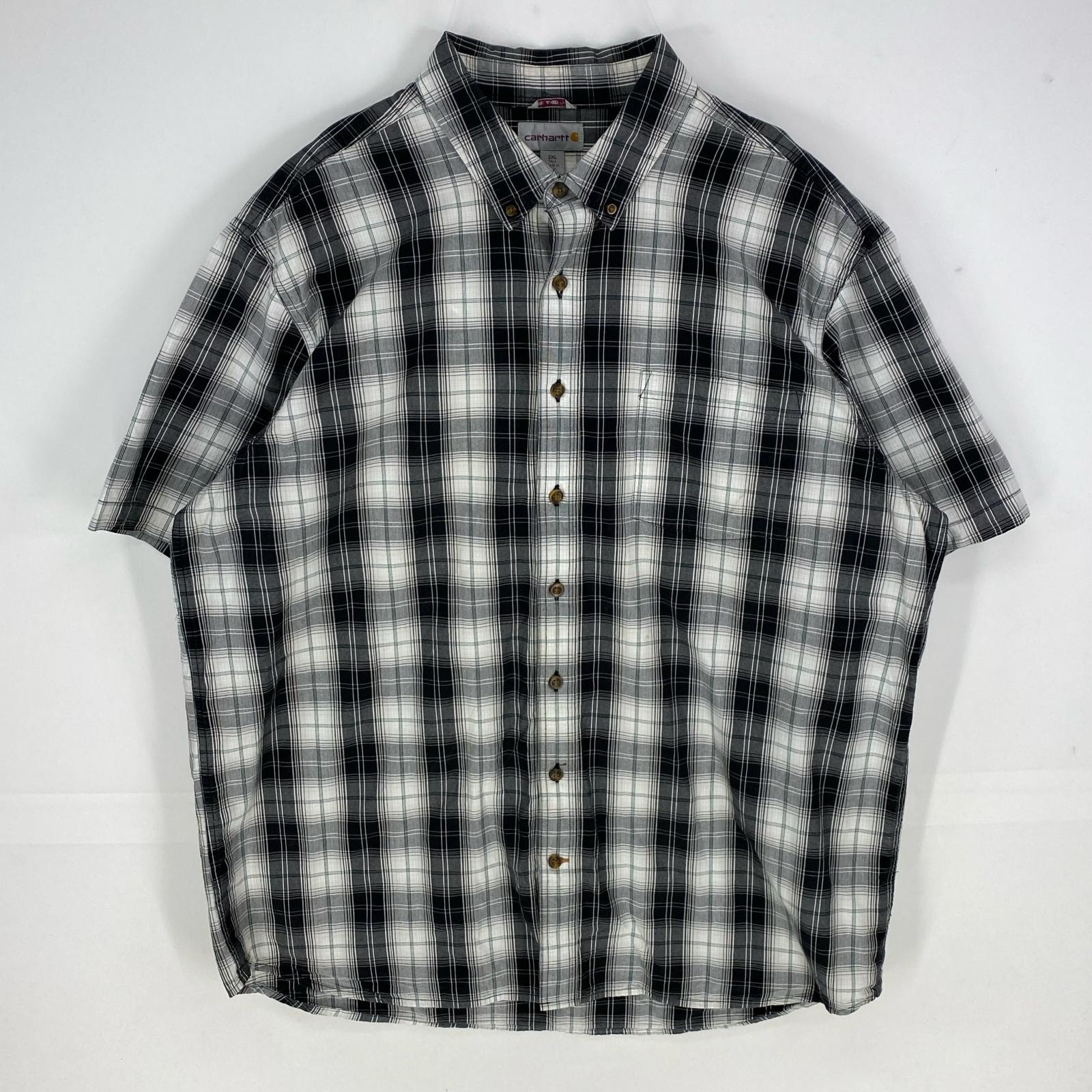 古着 カーハート Carhartt 半袖シャツ ボタンダウン ショートスリーブ 胸ポケット 2XL  ブラック系 チェック メンズ