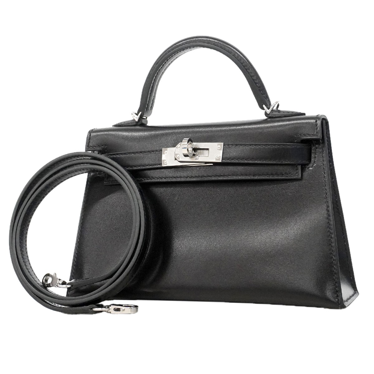 ★SALE【6ia0353-e-g】エルメス ハンドバッグ ミニケリー2 ボックスカーフ ブラック シルバー金具 U刻印 2wayバッグ【中古】レディース
